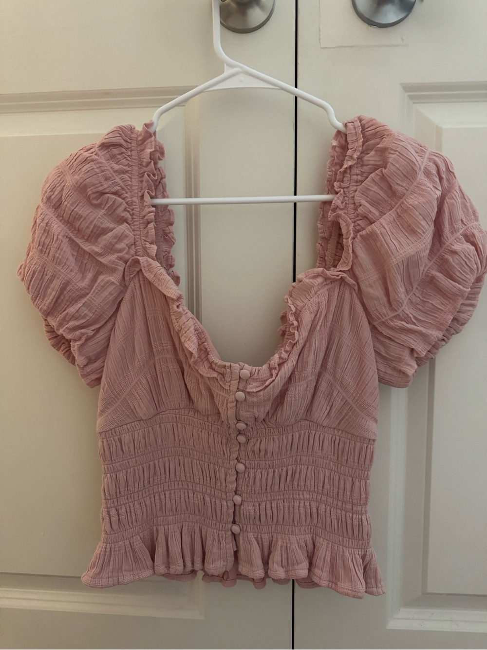 Astr Blush Pink Puff Sleeve Smocked Button-Front Top